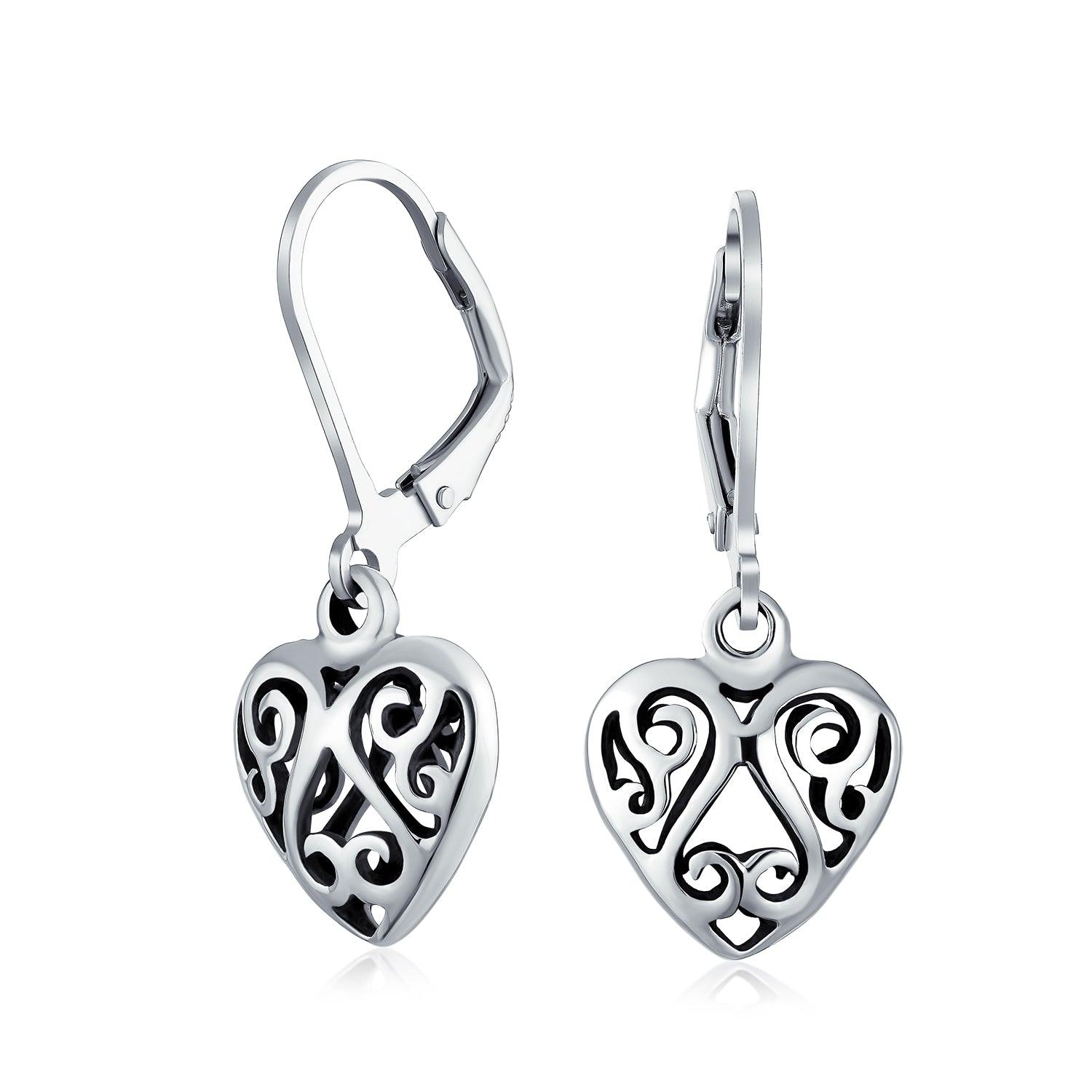 Open Heart Filigree Scroll Swirl Lever back Dangle Earrings Rose