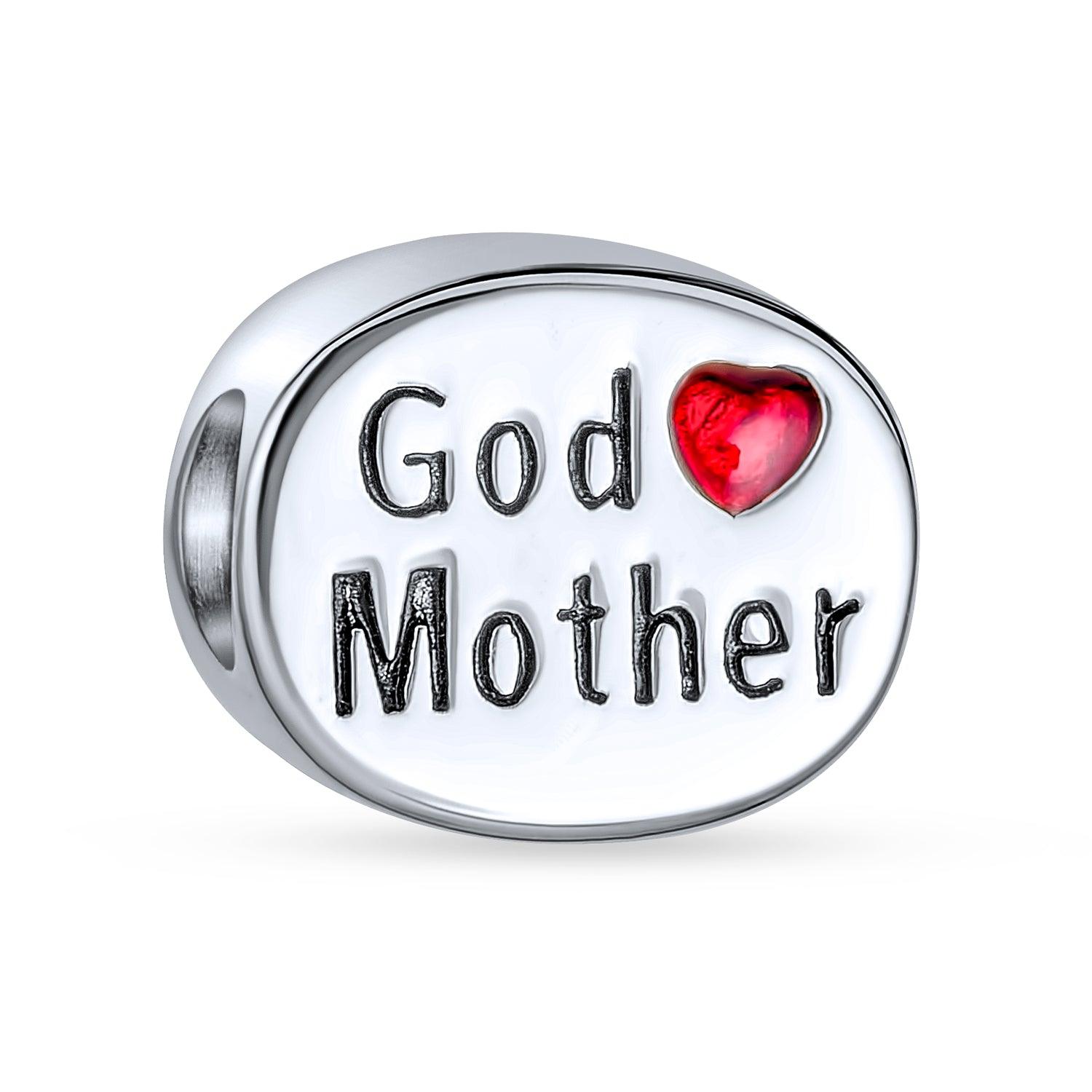 God Mother Family Love Heart Oval Two Side Charm Bead Sterling