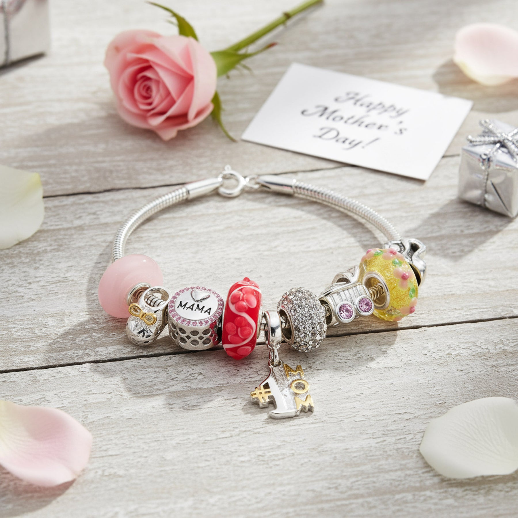 Mom Grandma Charm Bracelet Family Love Theme Charm Bracelet .925 Silver