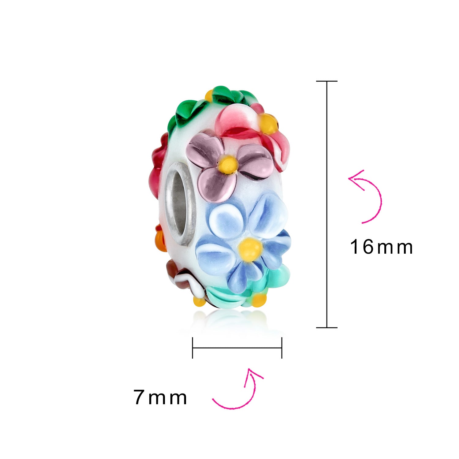 .925 Sterling Silver Glass 3D Multi Color White Pink Blue Green Flower Charm Bead (Set)