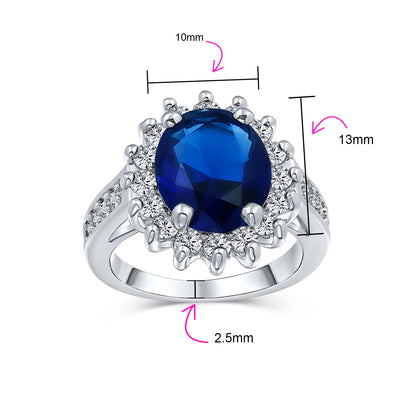 Classic 5CTW Royal Blue CZ Halo Oval Simulated Sapphire Engagement Ring Silver