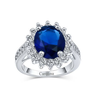 Classic 5CTW Royal Blue CZ Halo Oval Simulated Sapphire Engagement Ring Silver