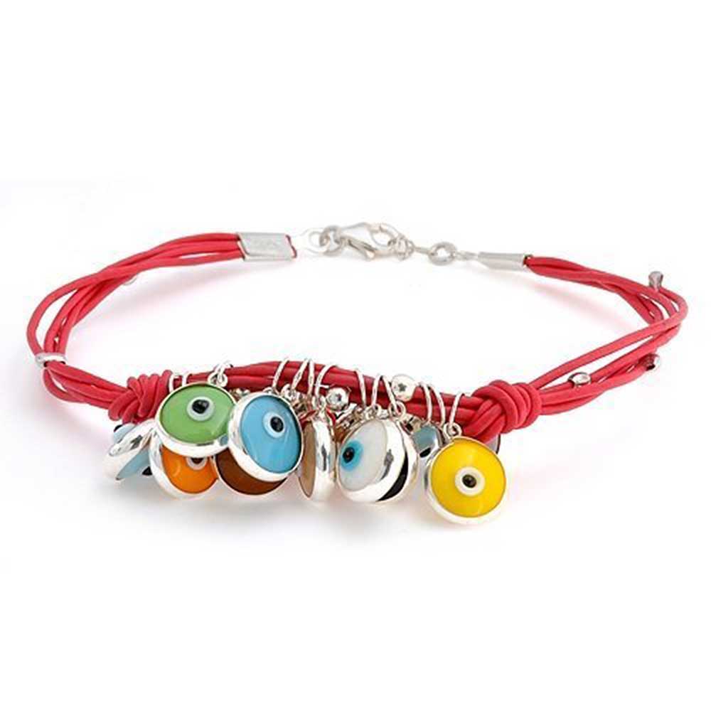 Genuine Leather .925 Sterling Silver Red Turkish Multi Color Evil Eye Charm Bracelet Gold Plated