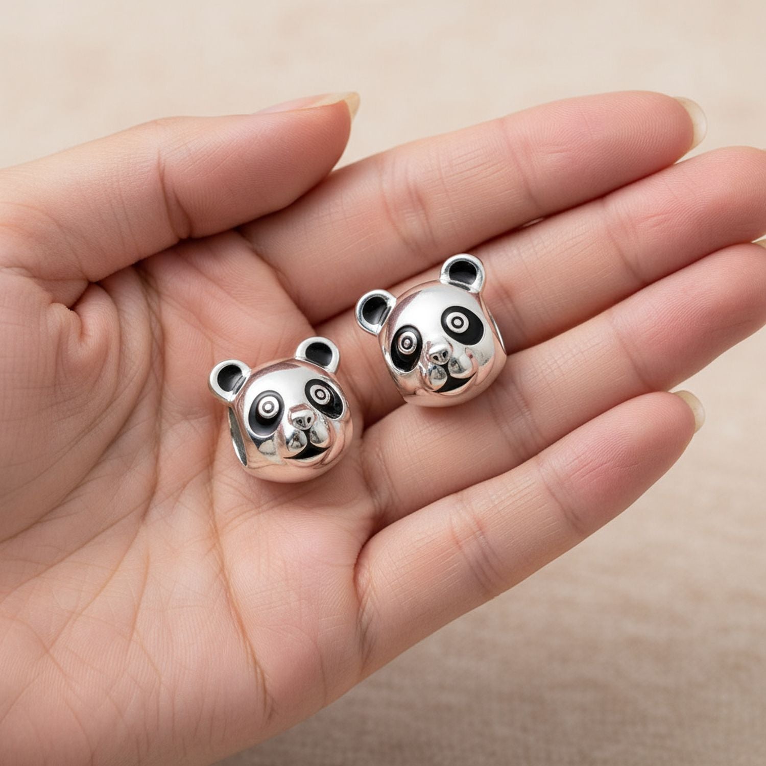 .925 Sterling Silver Bear Face Zoo Animal Koala Panda Charm Bead Two Tone for Bracelet (Set of 2)