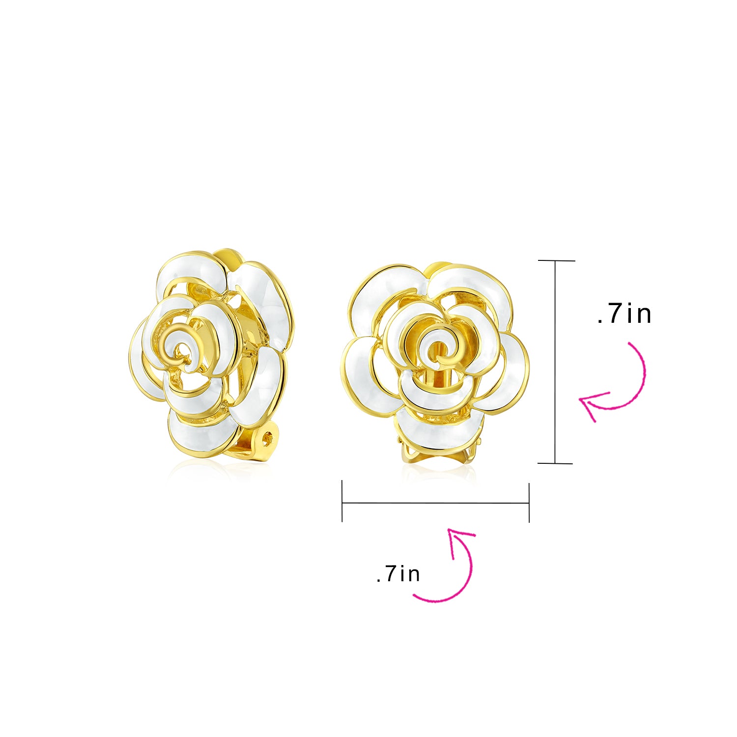 Enamel 3D White Turquoise Blue Rose Flower Clip On Earrings Button Style 14K Gold Plated (Set of 2)