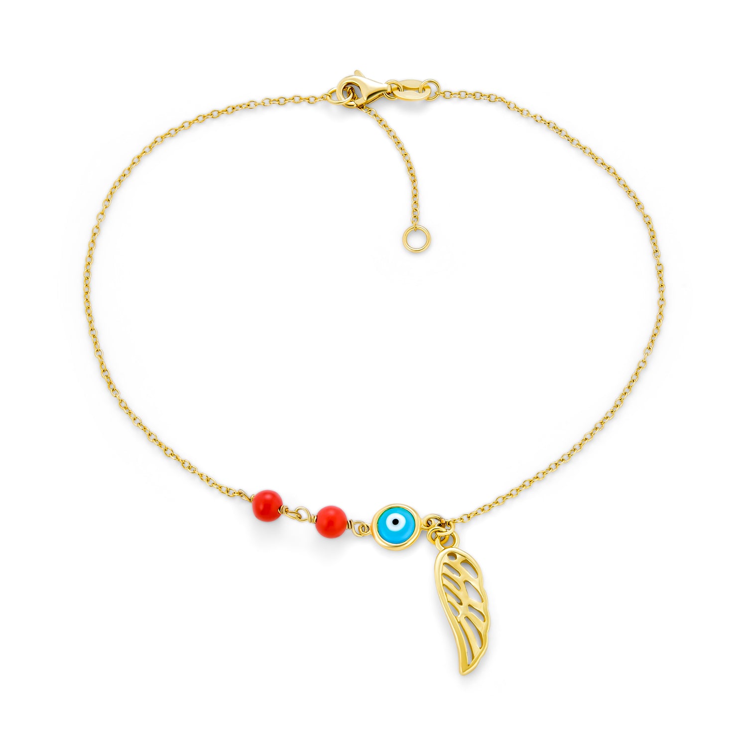 Turkish Spiritual Guardian Angel Wing & Evil Eye Anklet Bracelet 14k Gold Plated Sterling Silver
