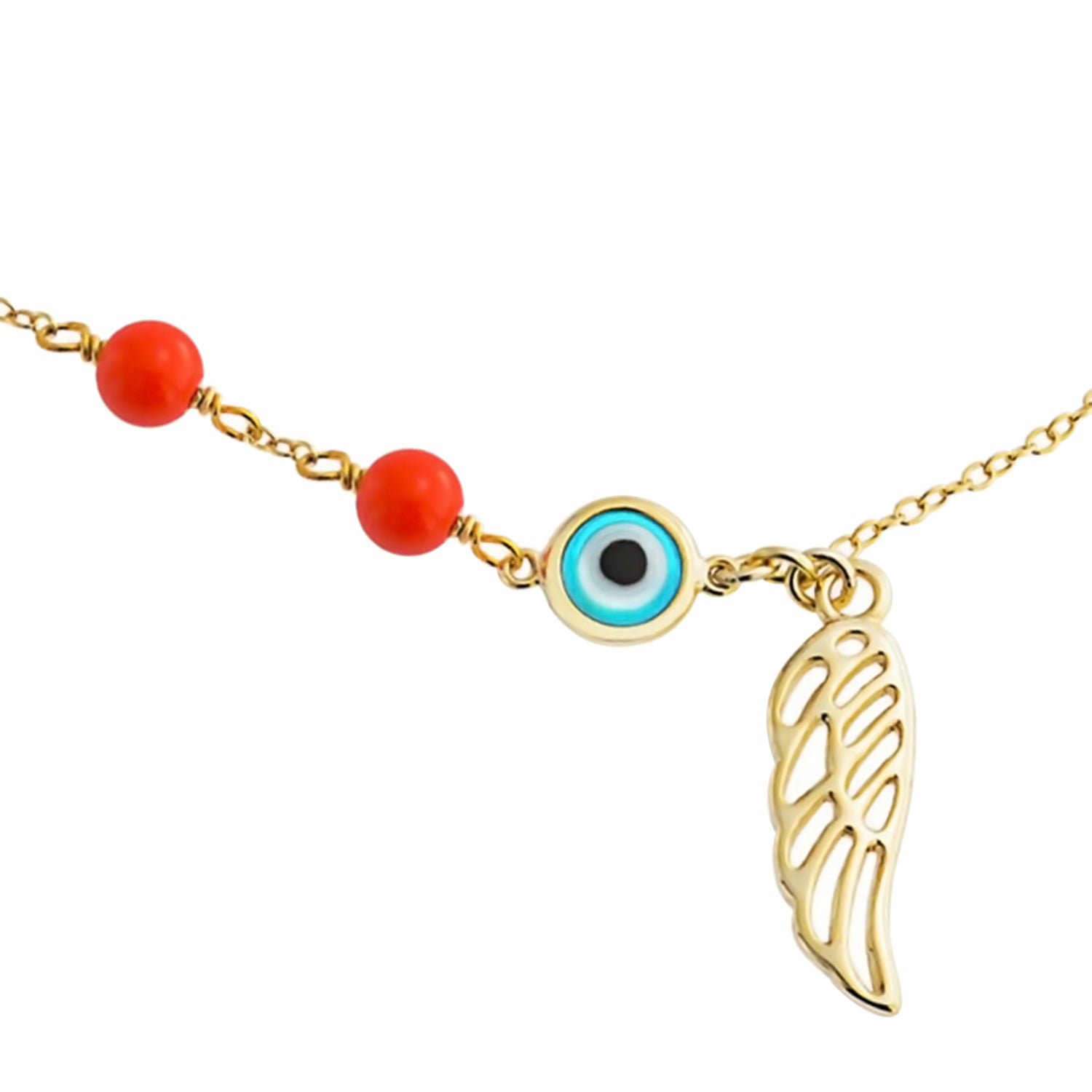 Turkish Spiritual Guardian Angel Wing & Evil Eye Anklet Bracelet 14k Gold Plated Sterling Silver