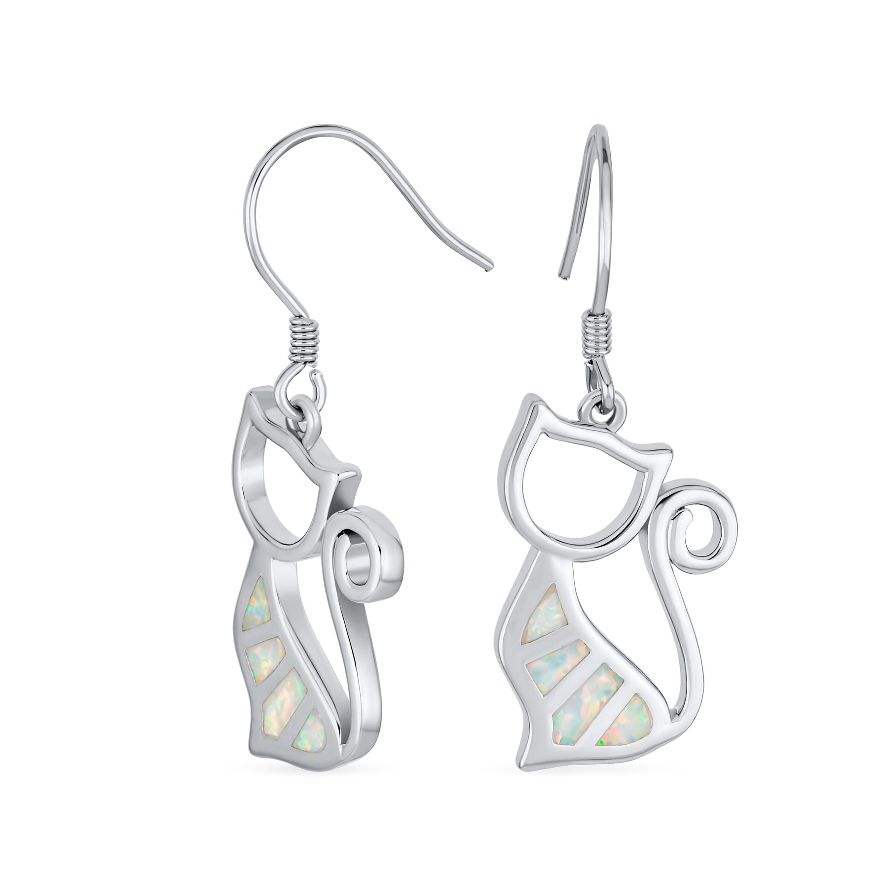 Animal Lover Pet Kitten White Created Opal Cat Dangle Earrings .925 Sterling Silver