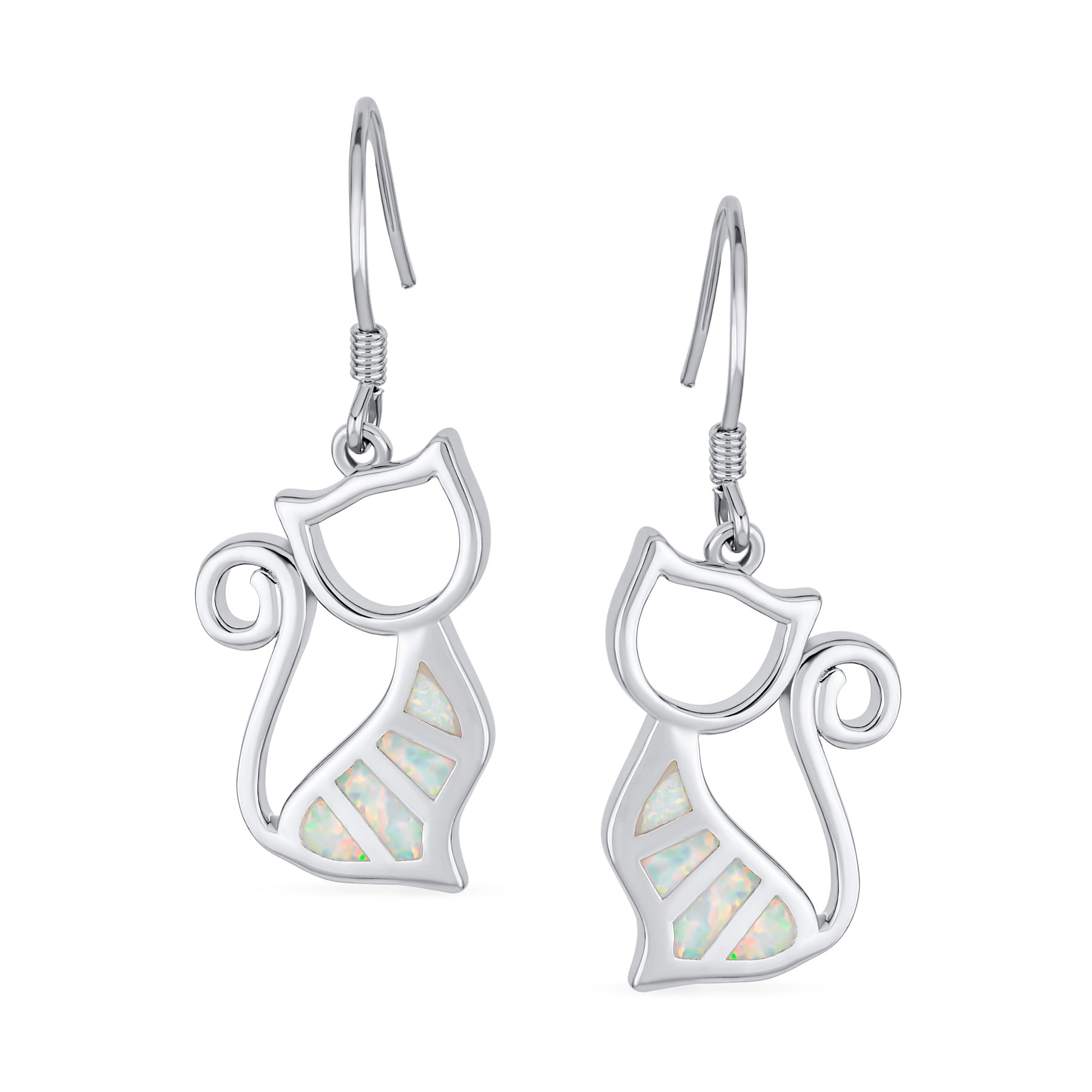 Animal Lover Pet Kitten White Created Opal Cat Dangle Earrings .925 Sterling Silver