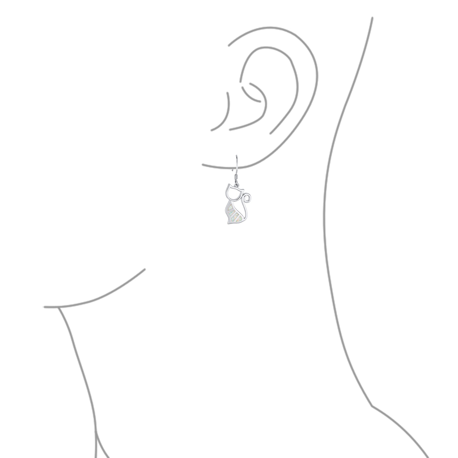 Animal Lover Pet Kitten White Created Opal Cat Dangle Earrings .925 Sterling Silver