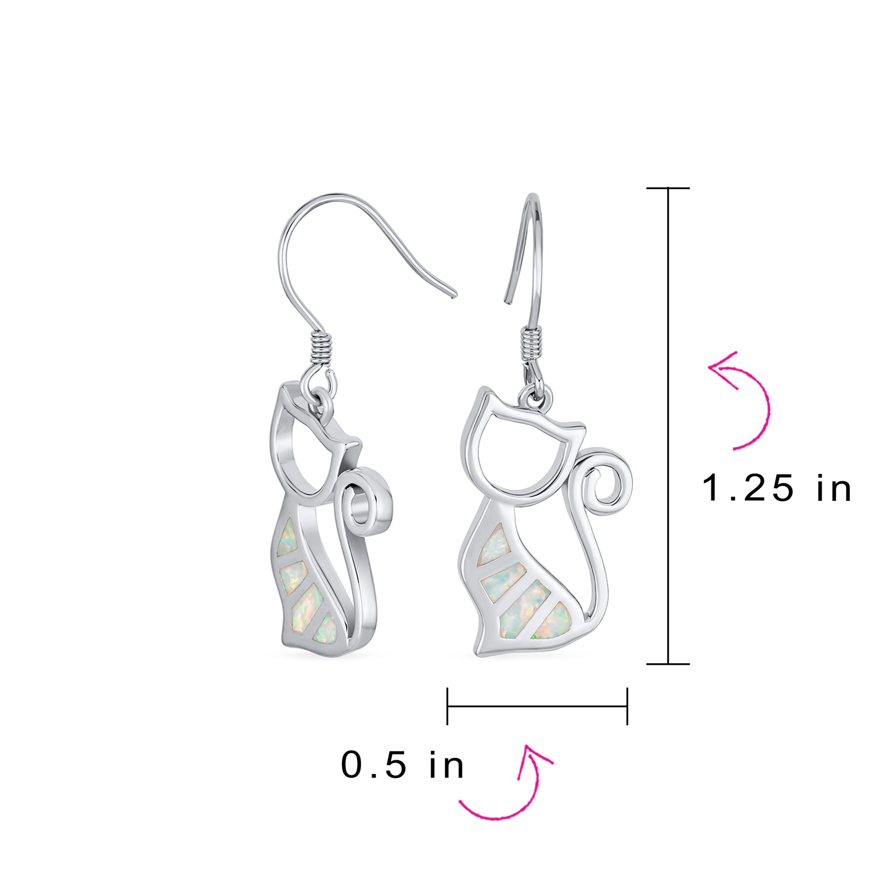 Animal Lover Pet Kitten White Created Opal Cat Dangle Earrings .925 Sterling Silver