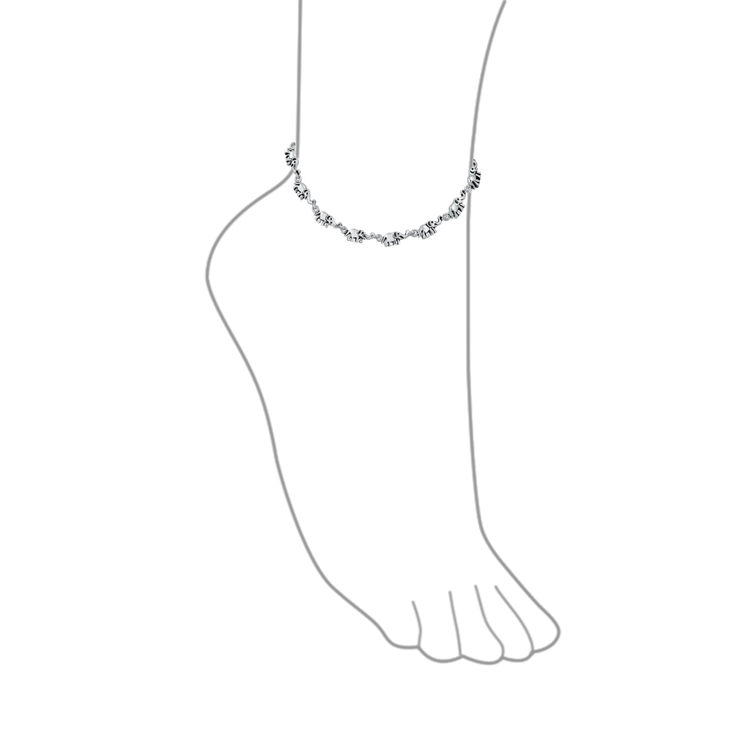 Lucky Caravan of Elephants Anklet Charm Ankle Bracelet Bali Style Oxidized Sterling Silver 10 Inch