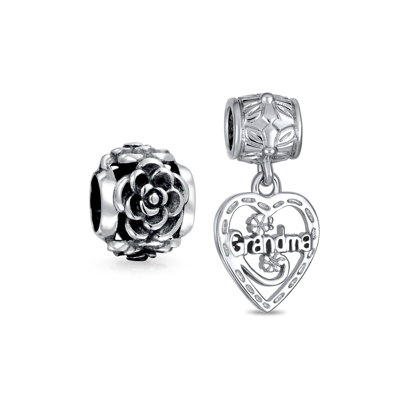 Set of 2 Heart Grandma Dangle & Flower Garden Black Rose Charm Bead Silver