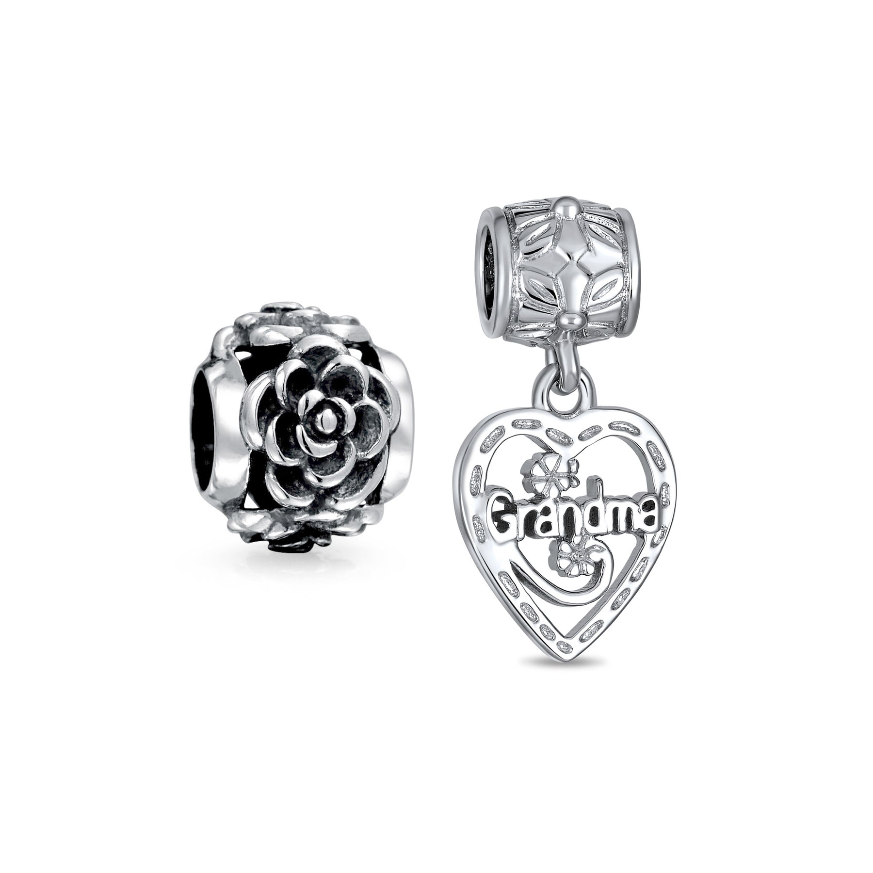 Sterling Silver Grandma Heart Dangle & Flower Black Rose Grandmother Charm Bead for Bracelet (Set)