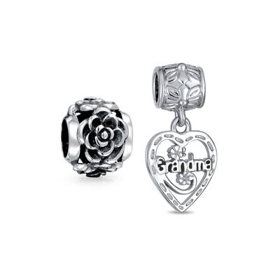 Set of 2 Heart Grandma Dangle & Flower Garden Black Rose Charm Bead Silver