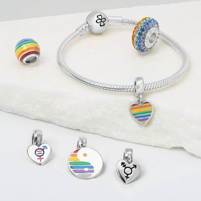 Unisex Sterling Silver LGBTQ Rights Rainbow Heart Dangle Charm Bead Disc Tag