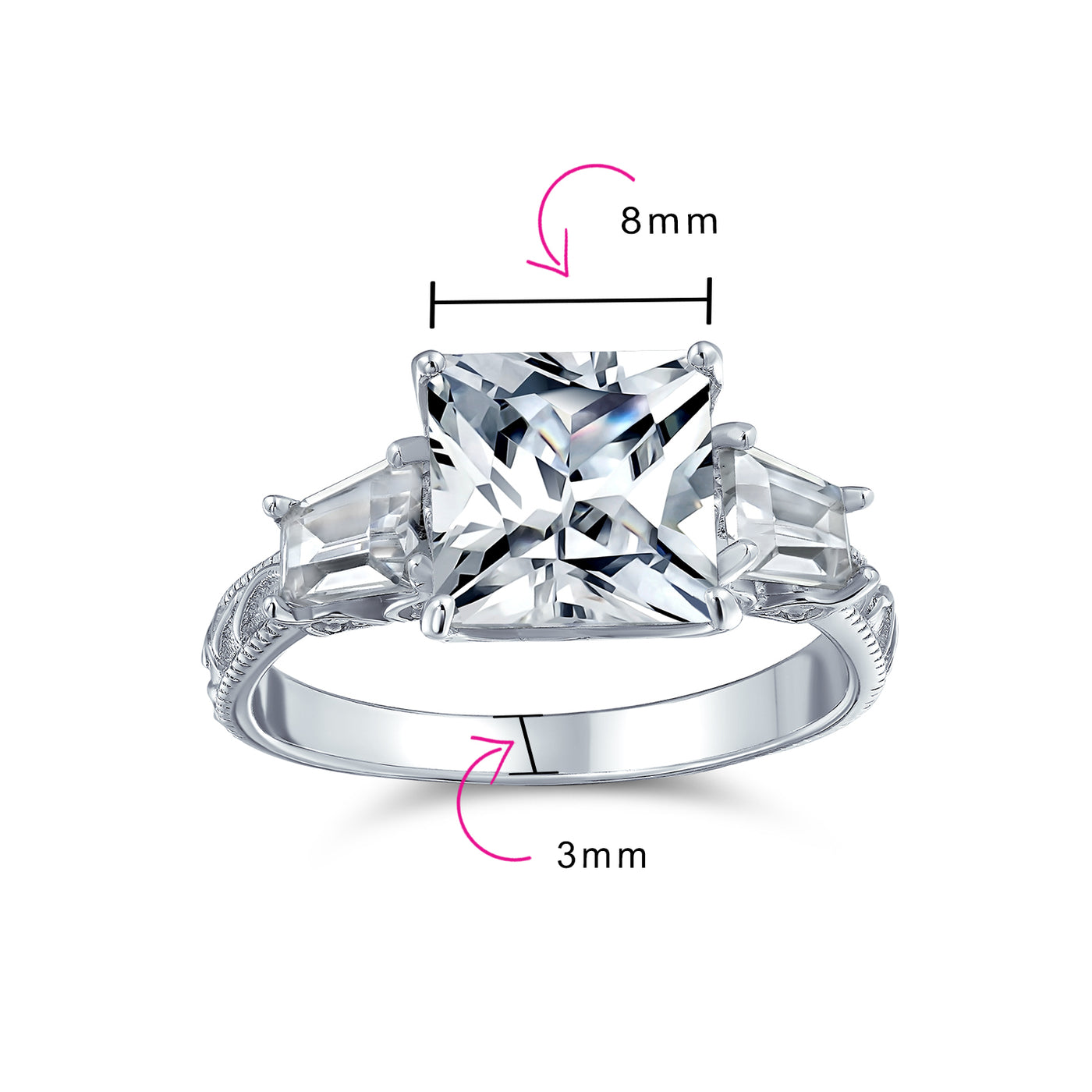 Vintage Style 3CT CZ Princess Cut Engagement Ring with Baguette Side Stones Silver