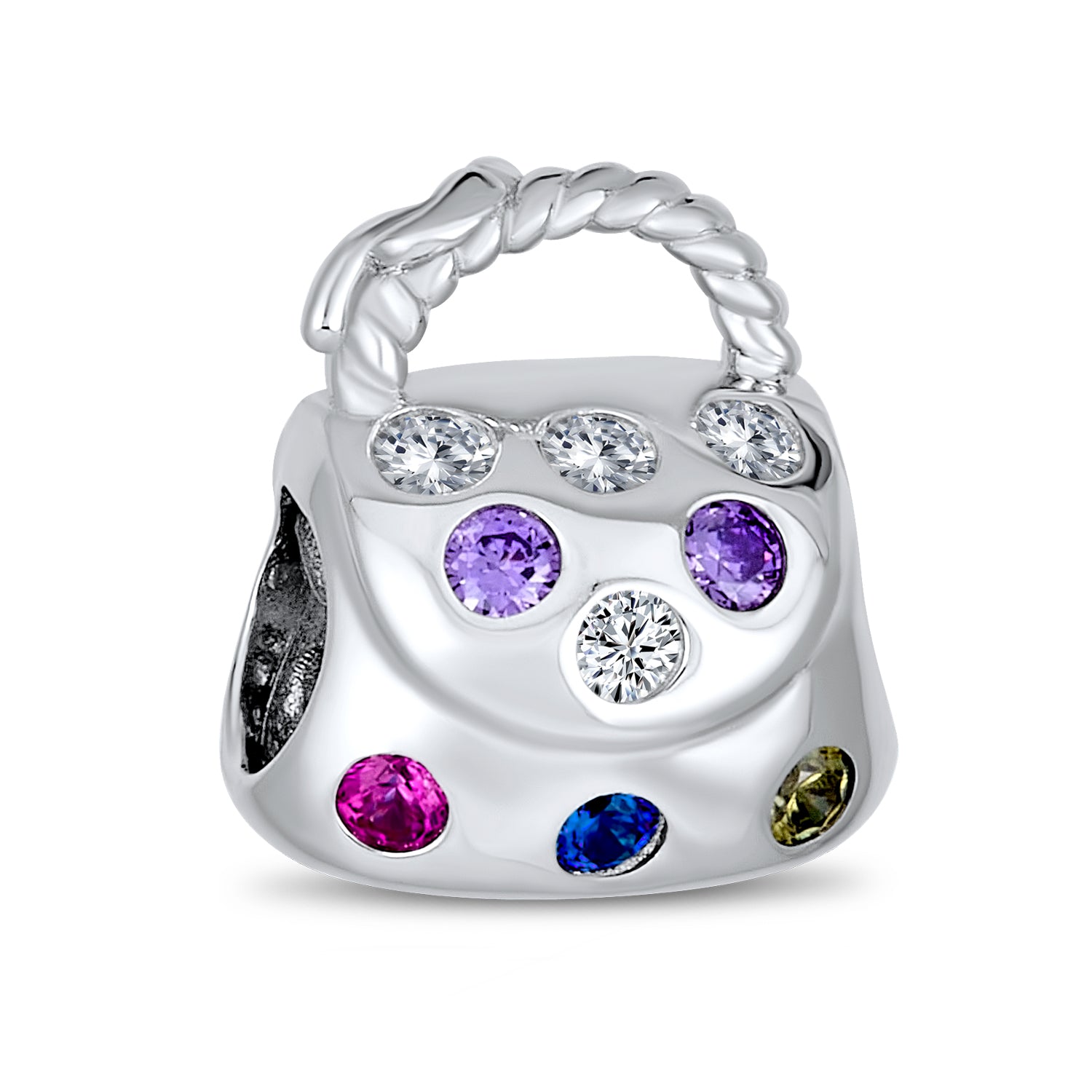 .925 Sterling Silver Fashion Multicolor CZ Clutch Purse Pocketbook Hand Bag Charm Bead Gold Plated