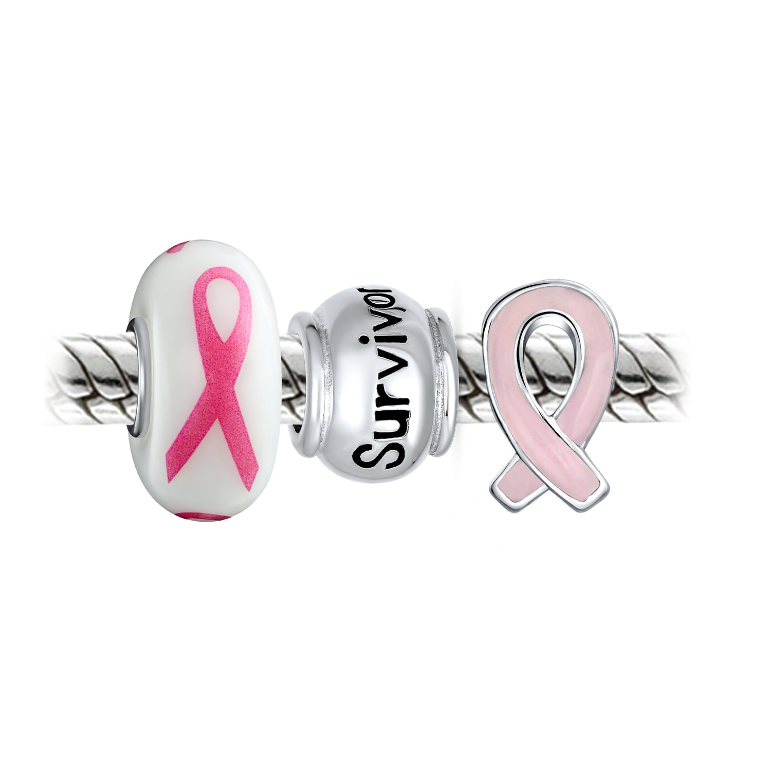 Sterling Silver Breast Cancer Survivor Pink Ribbon Mix Sterling Charm Bead for Bracelet (Set of 3)