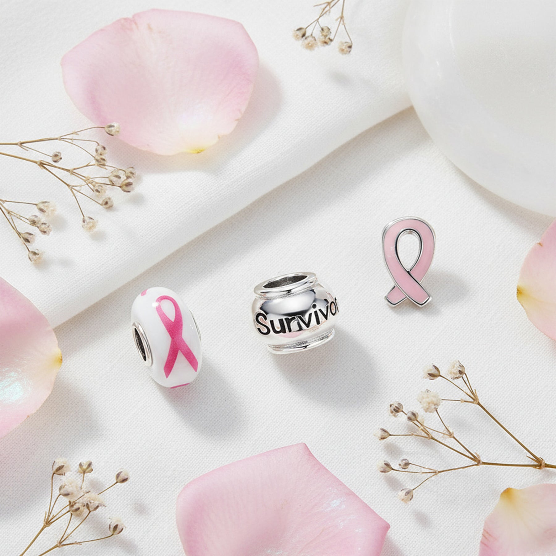 Sterling Silver Breast Cancer Survivor Pink Ribbon Mix Sterling Charm Bead for Bracelet (Set of 3)