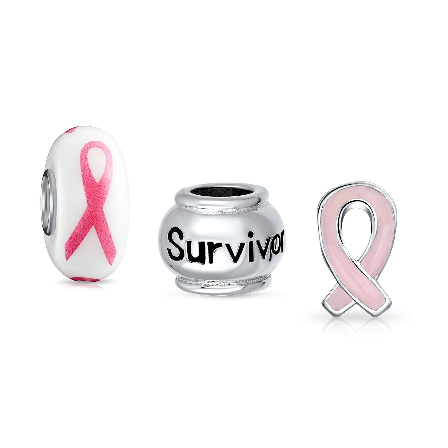 Sterling Silver Breast Cancer Survivor Pink Ribbon Mix Sterling Charm Bead for Bracelet (Set of 3)