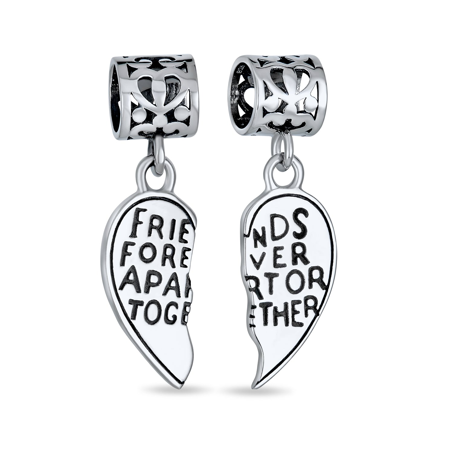 Sterling Silver Forever Words Best Friends Puzzle Two Piece Split Heart Shape Dangle Charm Bead