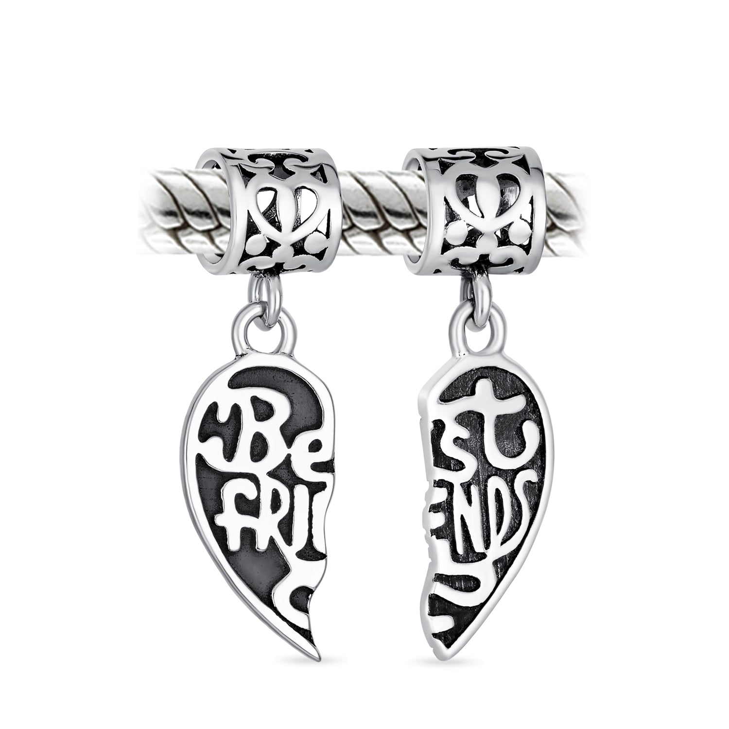 Sterling Silver Forever Words Best Friends Puzzle Two Piece Split Heart Shape Dangle Charm Bead