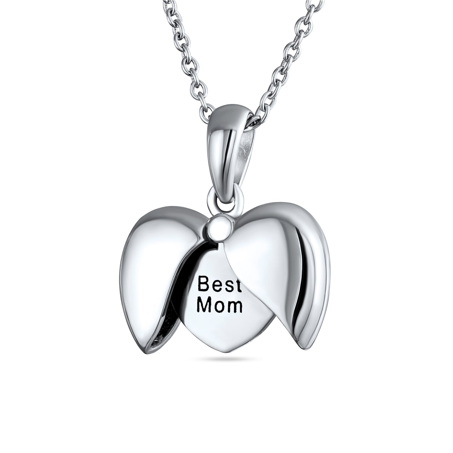 BEST MOM Word Angel Wing Heart Locket Pendant Necklace .925 Sterling Silver