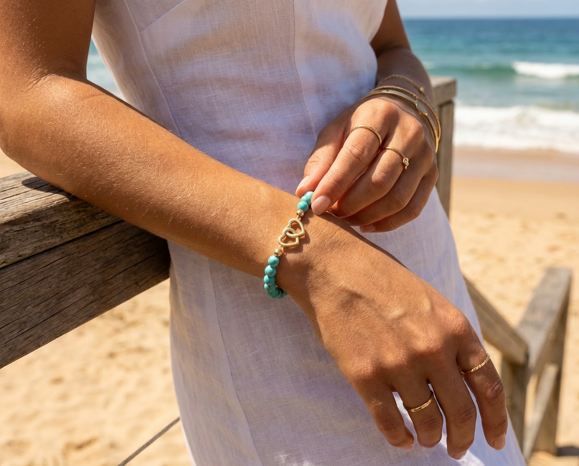 Turquoise Heart Stretch Bracelet .925 Sterling Silver Interlocking Hearts BFF Bead 14K Gold