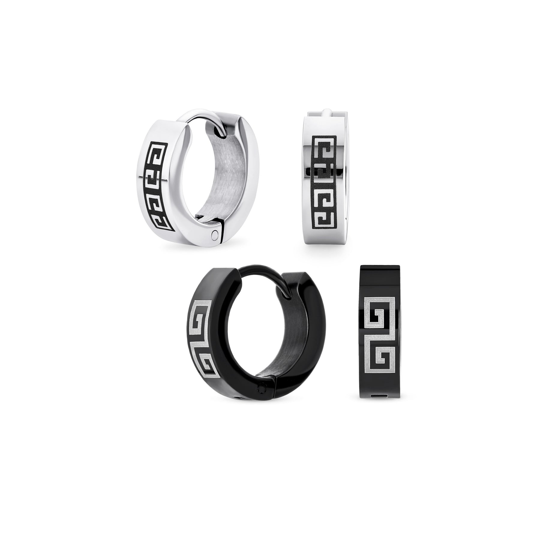 Set of 2 Greek Key Pattern Mini Hoop Huggies Earrings Black, Silver Stainless Steel