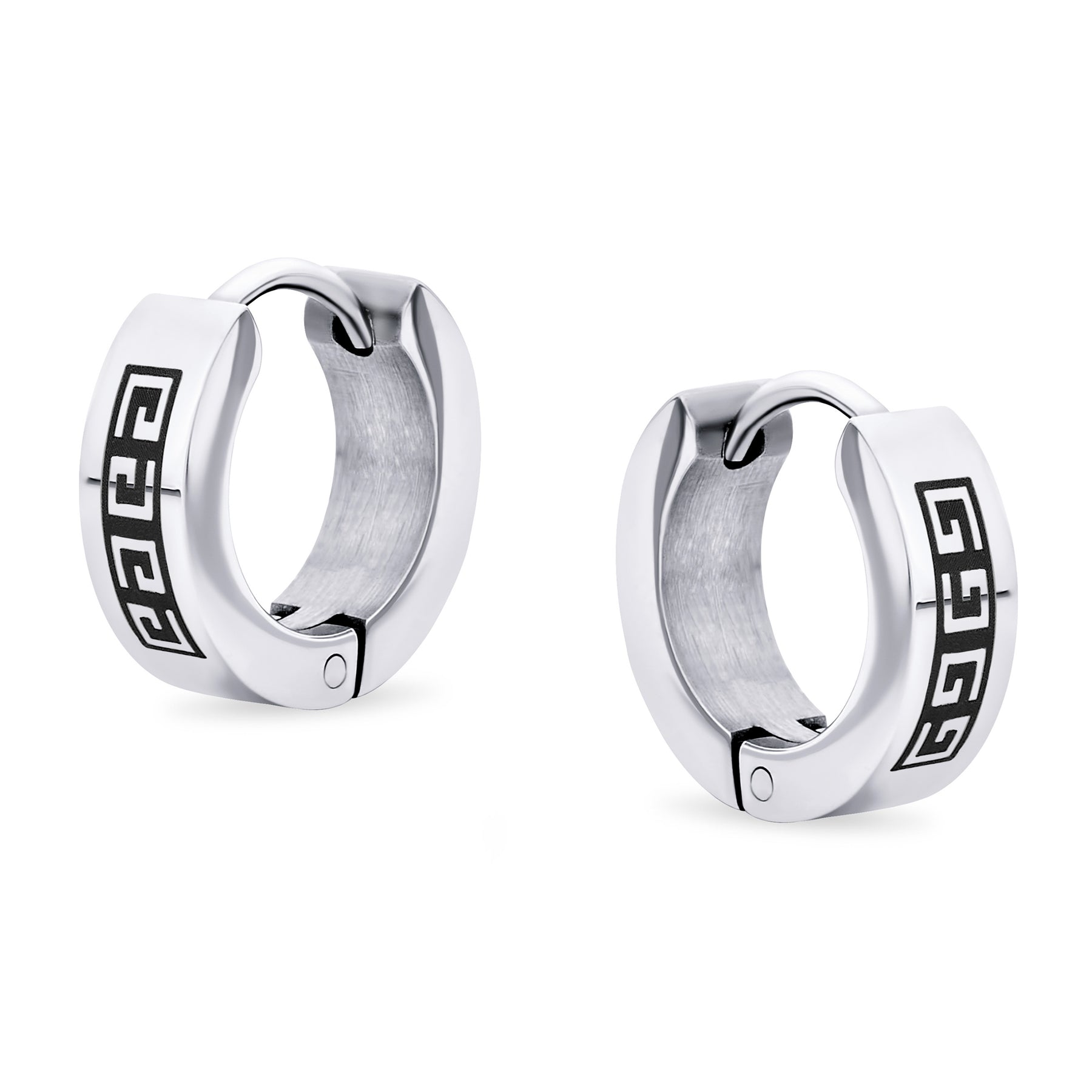 Set of 2 Greek Key Pattern Mini Hoop Huggies Earrings Black, Silver Stainless Steel