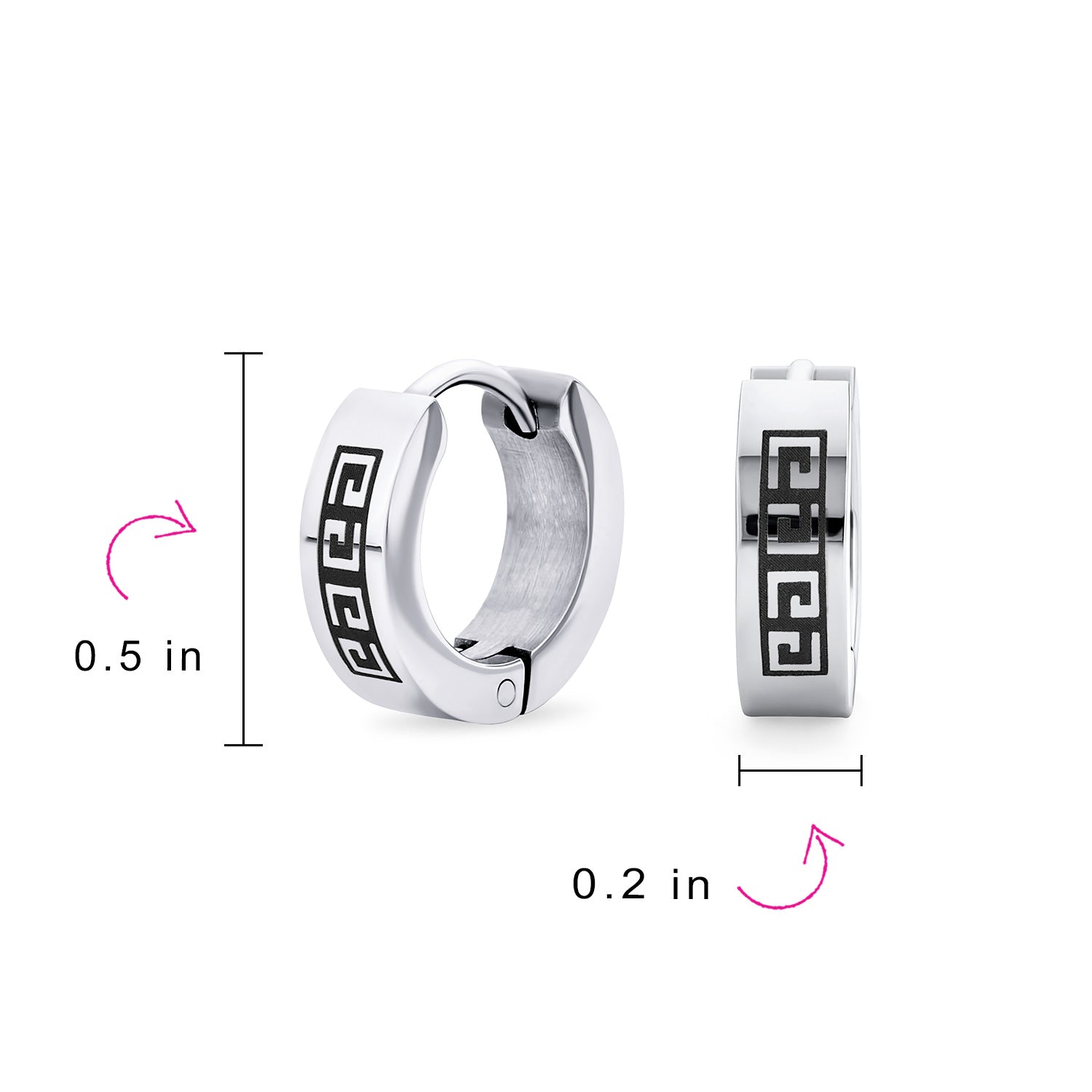 Set of 2 Greek Key Pattern Mini Hoop Huggies Earrings Black, Silver Stainless Steel