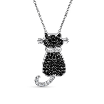 BFF Black Kitty Cat Pendant Necklace CZ Kitten Jewelry for Cat Lovers in Silver