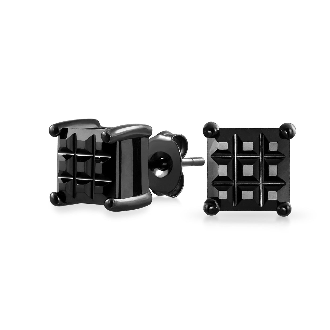 Square Black Invisible Cut CZ Stud Earrings for Men, Sterling Silver, Multiple Sizes