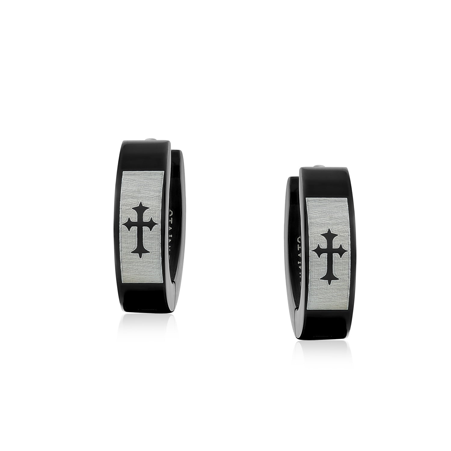 Set of 2 Fleur De Lis Cross Silver Black Huggie Hoop Earrings Stainless Steel