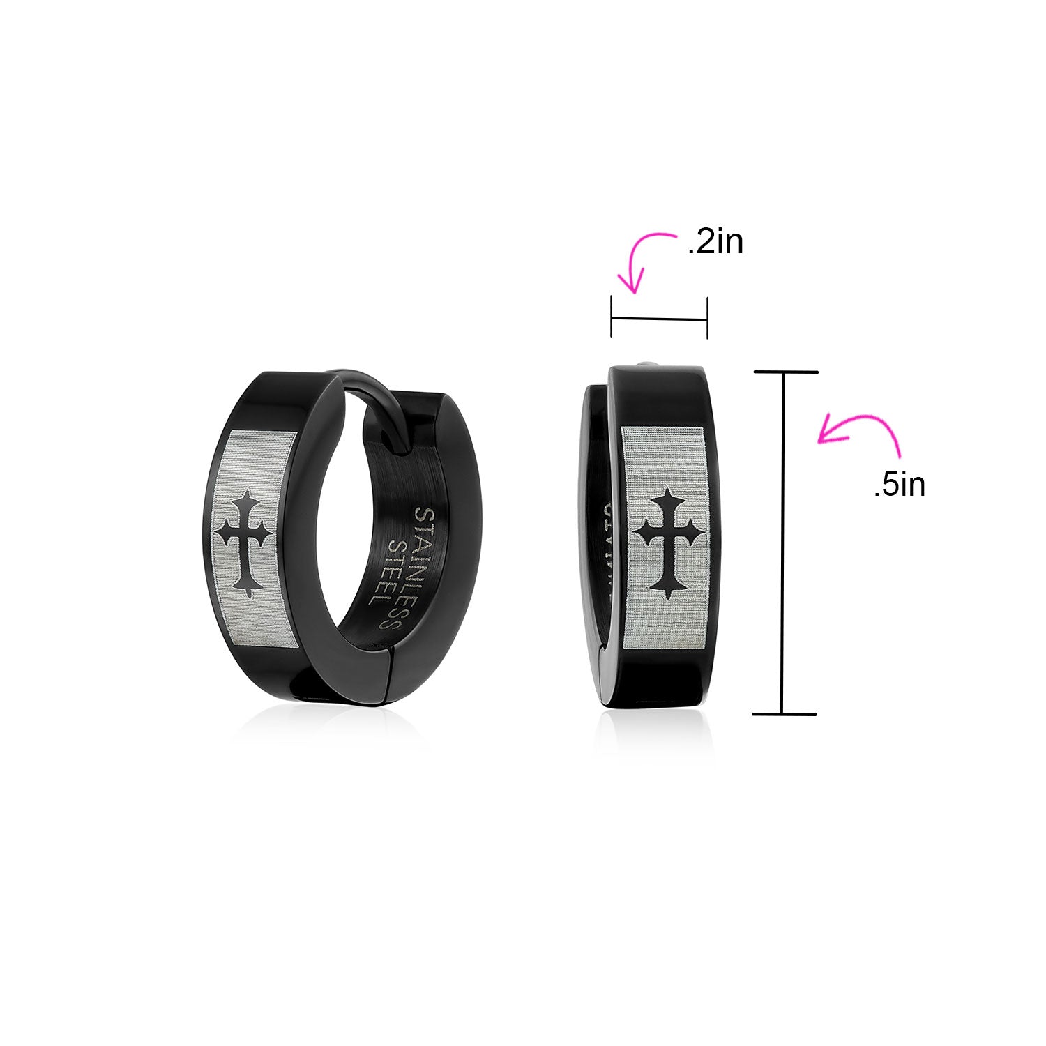 Set of 2 Fleur De Lis Cross Silver Black Huggie Hoop Earrings Stainless Steel