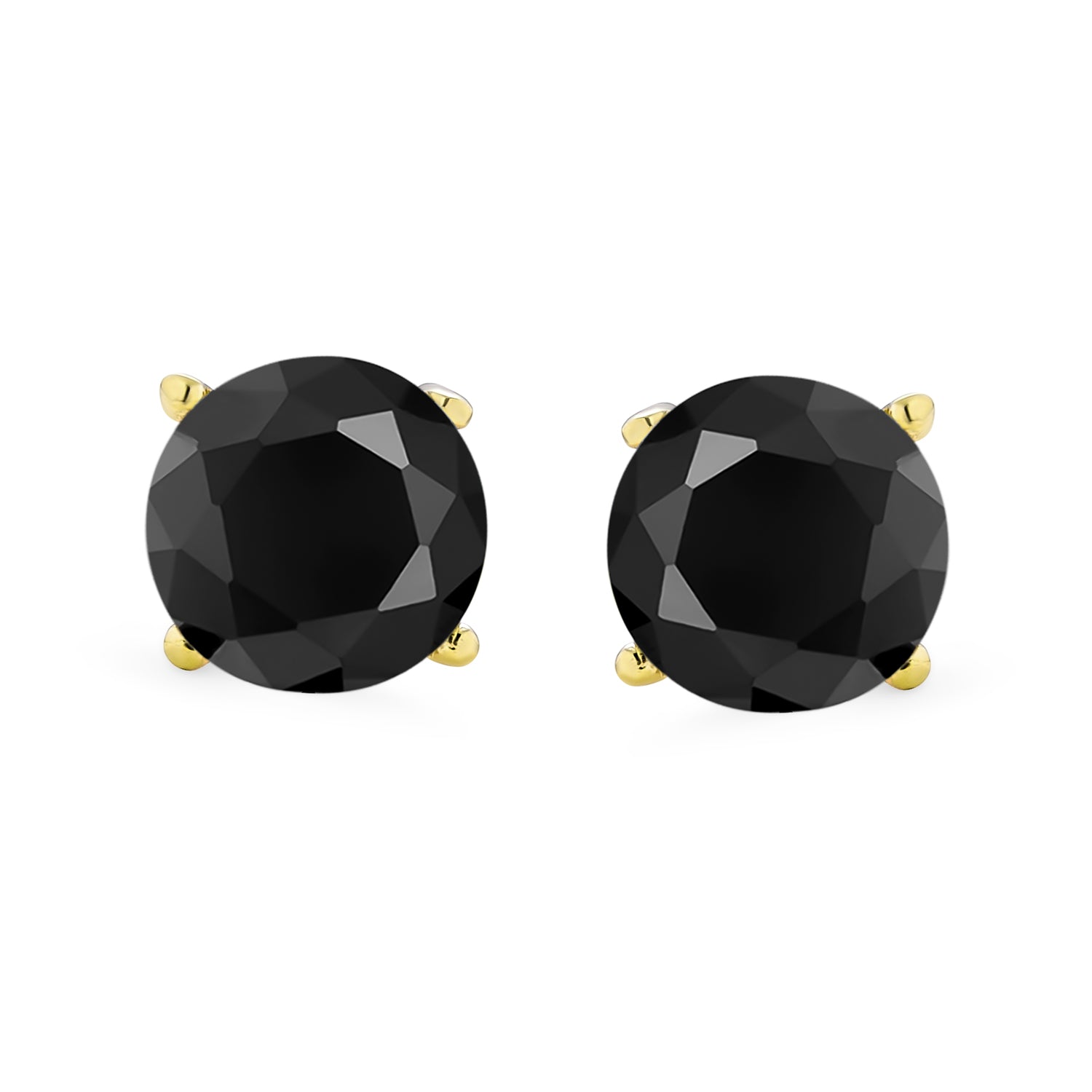 Set of 2 Round Black CZ Stud Earrings Gold Plated Sterling Silver 6MM & 8MM