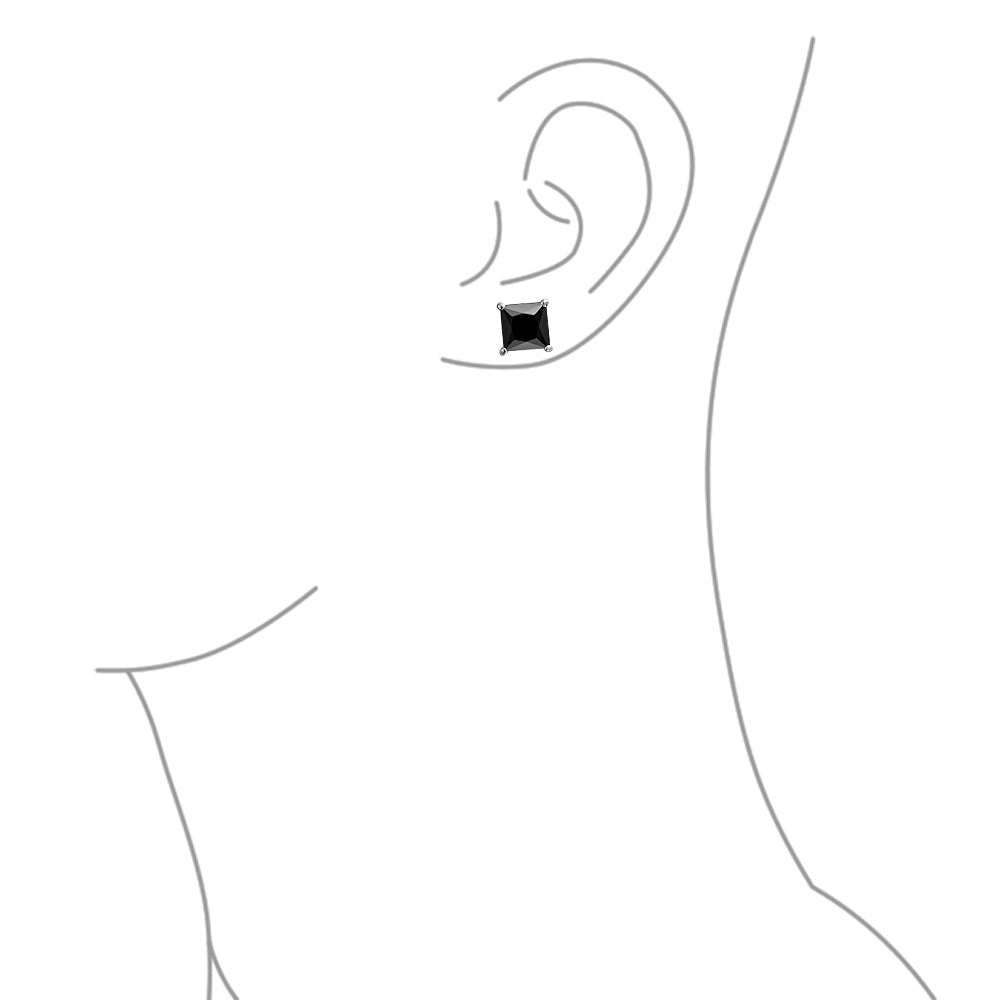 Classic Black Cubic Zirconia Princess Cut CZ Stud Earrings .925 Sterling Silver