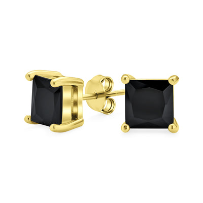 Black Square Princess Cut CZ Stud Earrings for Men, 14K Gold Sterling Silver