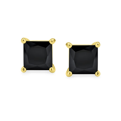 Black Square Princess Cut CZ Stud Earrings for Men, 14K Gold Sterling Silver