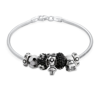 Black White Soccer Mom Charm Bracelet with Cheerleader Beads 6.5-8.5 Inch