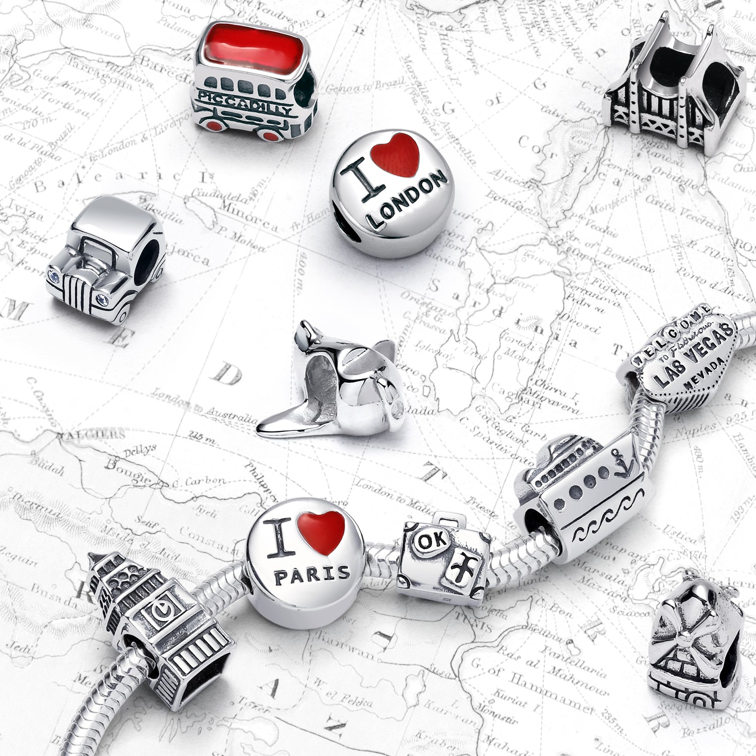 Travel I Love London England Charm Bead .925 Sterling Silver for Bracelet