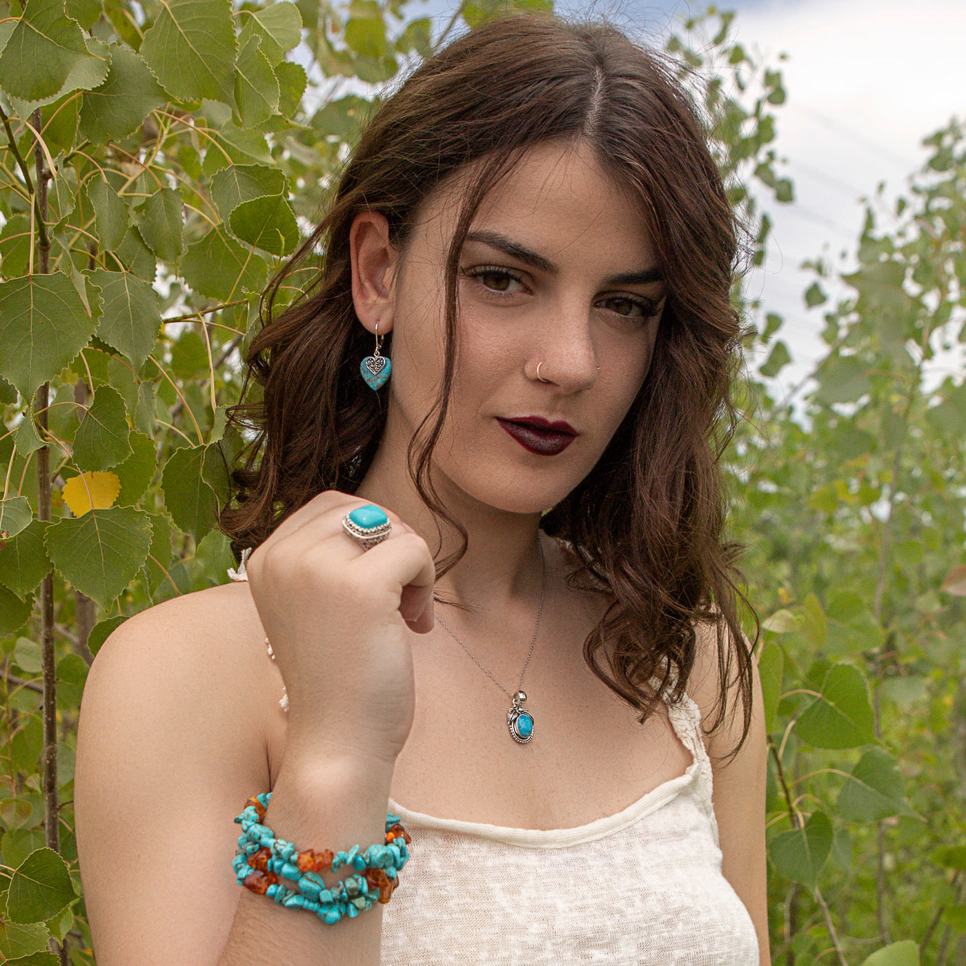 Southwest Boho Silver Ring with Blue Turquoise Gemstone and Filigree Scroll Band