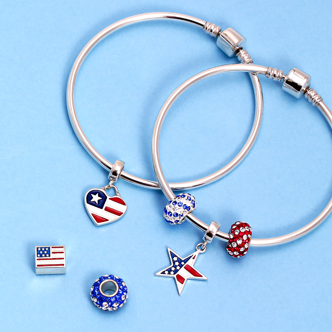 Patriotic Flag Star Dangle Charm Bead Sterling Silver for European Bracelet