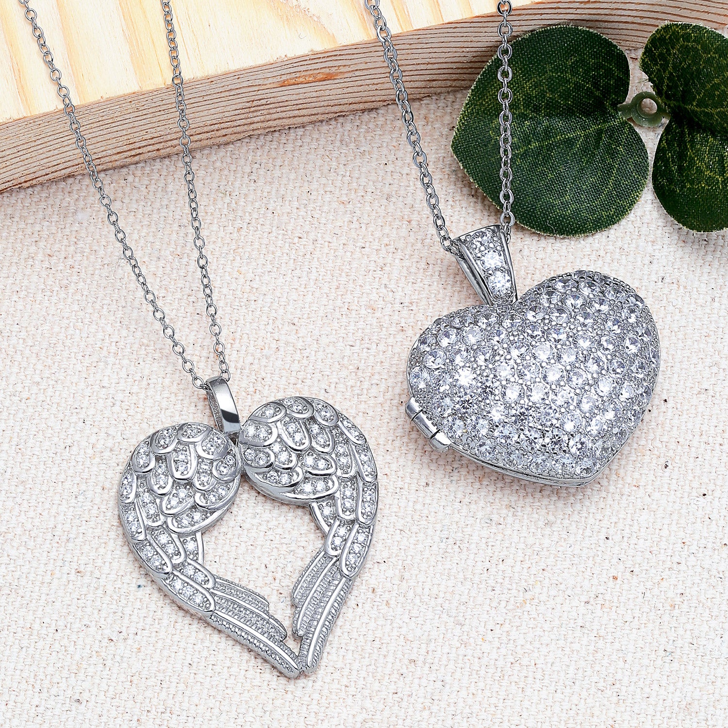 Pave Cubic Zirconia CZ Heart Kissing Angel Wing Pendant Necklace Sterling Silver