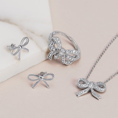 Bridal Necklace Sterling Silver CZ Ribbon Bow Pendant Romantic Holiday Gift