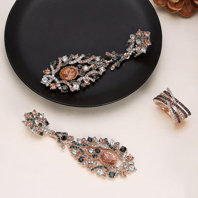 Statement Black Pink Crystal Lace Chandelier Earrings Rose Gold Plated