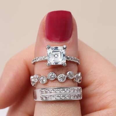 Bubble Circle Geometric Zig Zag Bezel Band CZ Eternity Ring .925 Sterling Silver