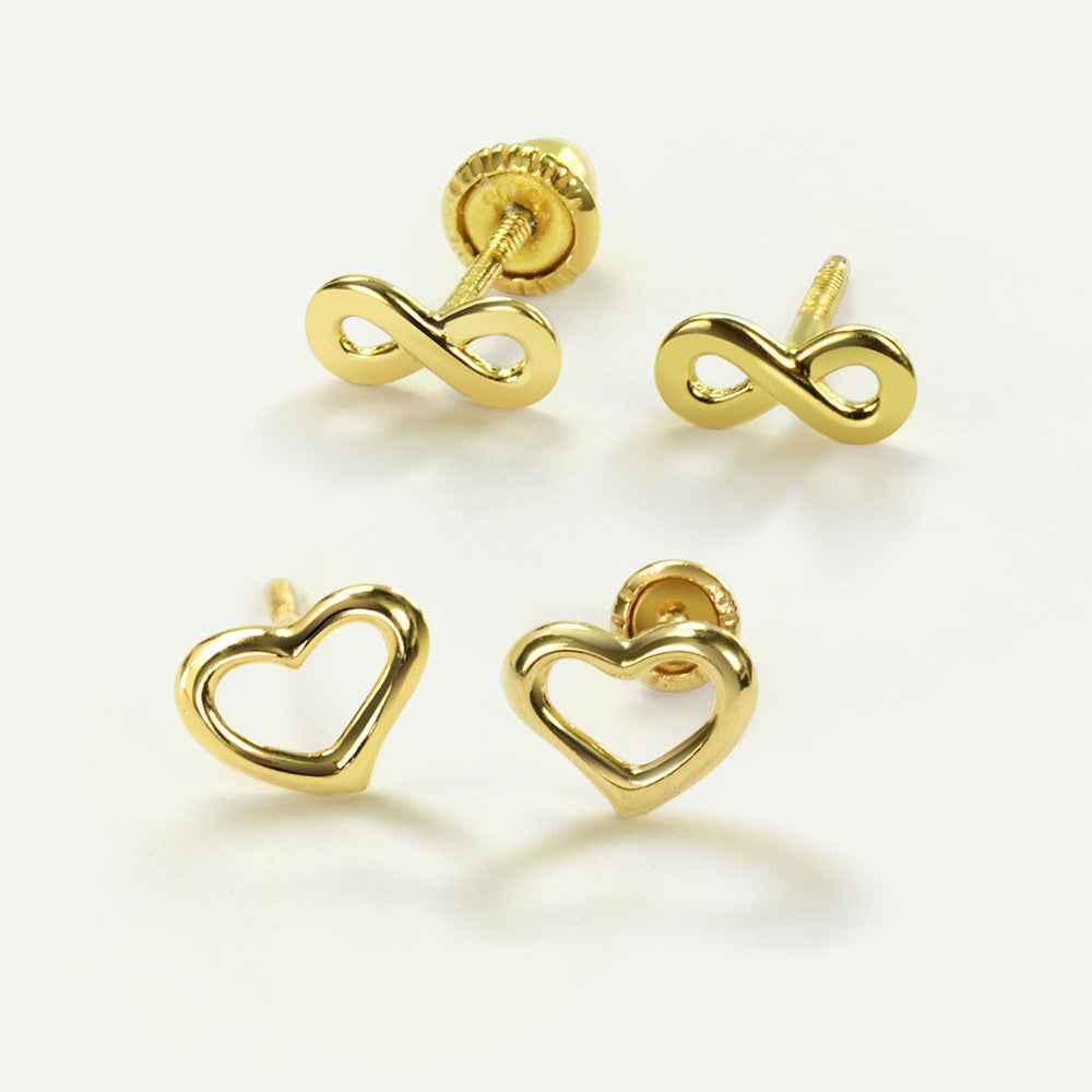14K Yellow Gold Petite Minimalist Symbol Of Love Infinity Stud Earrings Secure Screw Back