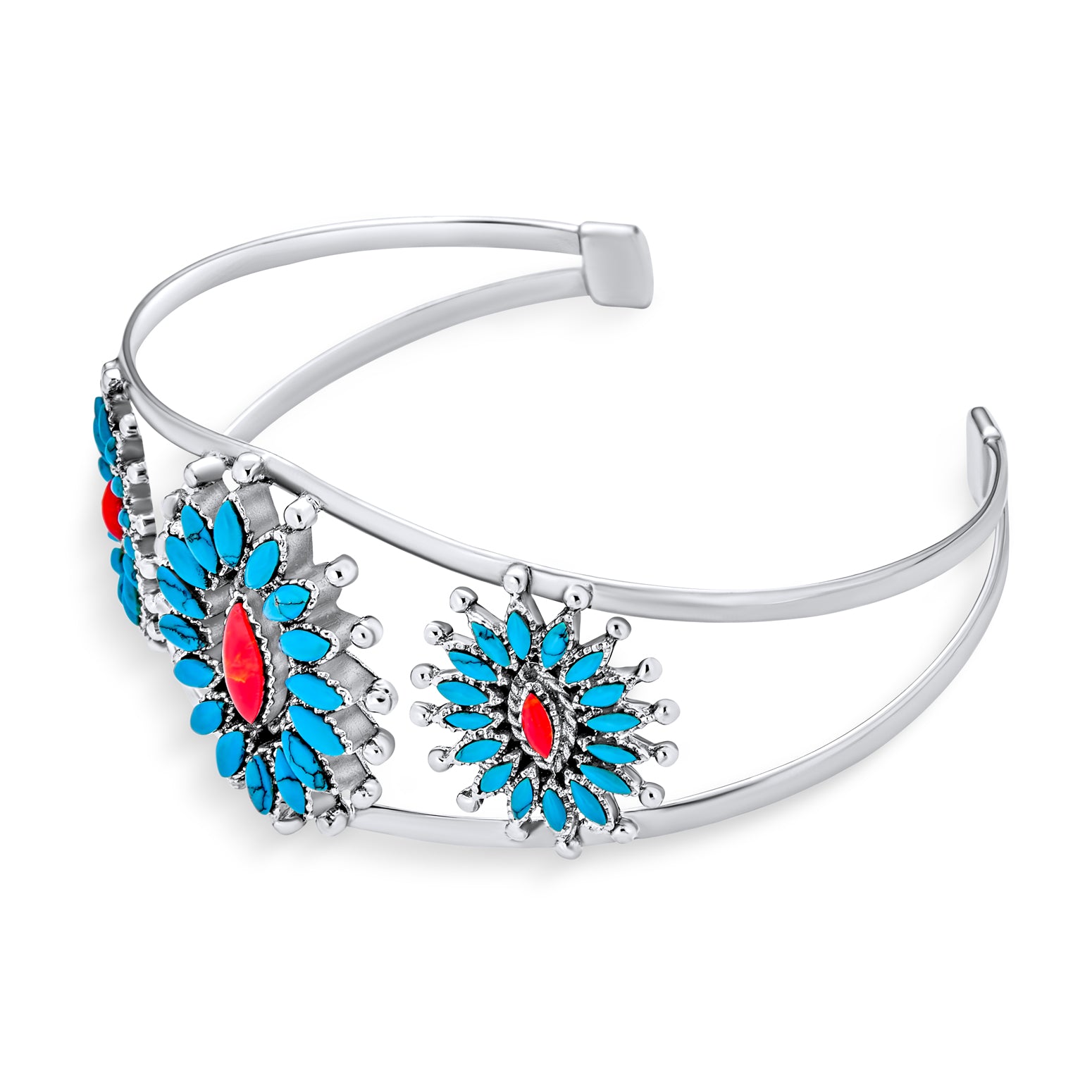 Native American Style Red Blue Turquoise Flower Blossom Statement Cuff Bracelet .925 Sterling Silver